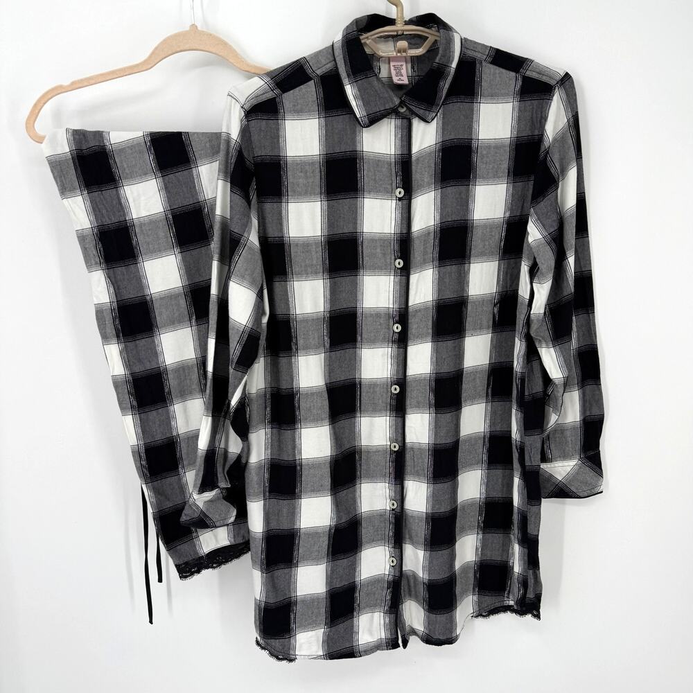 Victoria Secret 2 Pc Pajama Sleep Shirt Pants Buffalo Plaid sparkle Medium NEW